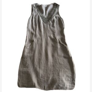 Sleeveless Embellished V-Neck Linen Dress Grey